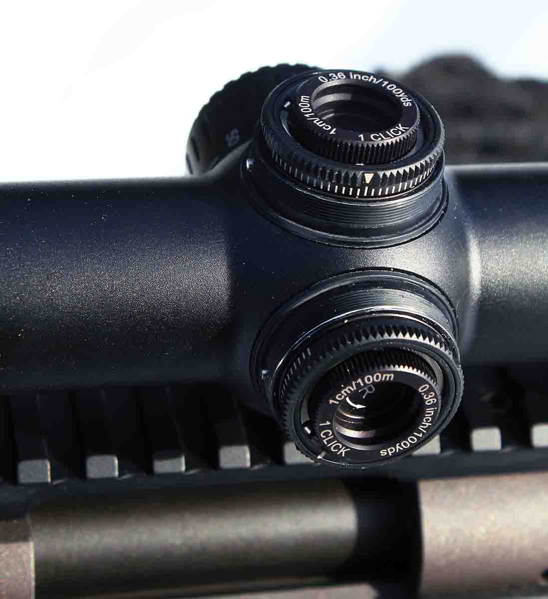 Swarovski’s Z8i series rifle scopes include 1 MIL elevation/windage adjustments. This translates into .36 inch at 100 yards or 1 centimeter at 100 meters.
